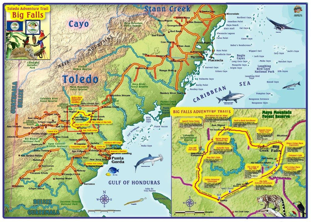 Toledo, Belize,  Big Falls Trails Adventure Map - Frankos Maps