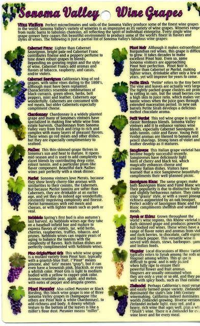 Sonoma Valley Wine Grapes Guide Card - Frankos Maps