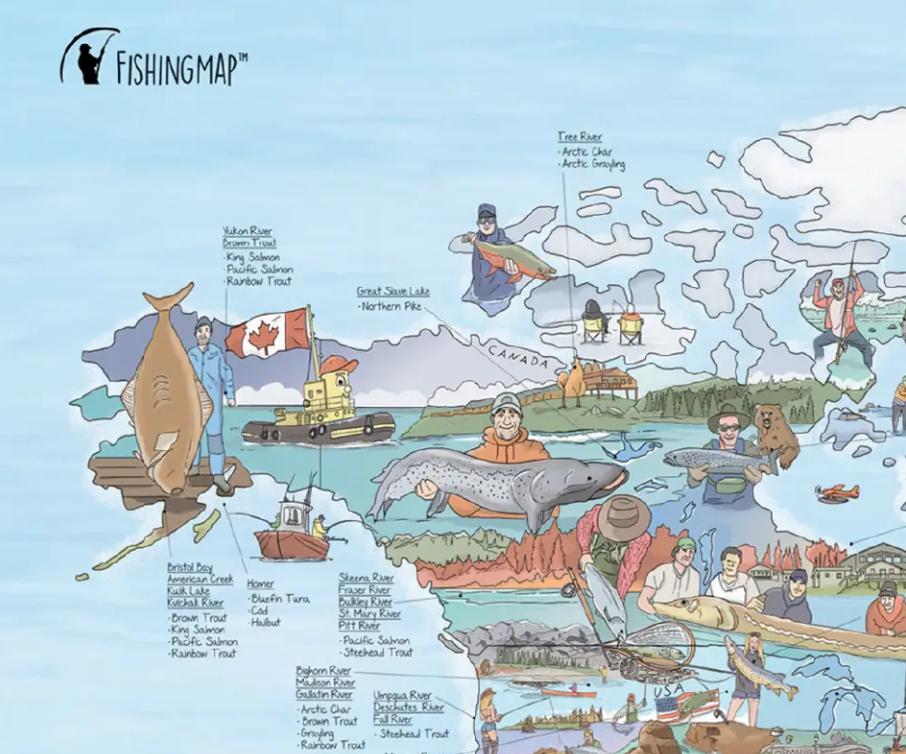 Simple Map With Fish World of Fishing Wall Map - Hand Drawn Poster of Worldwide Fishing Spo ...