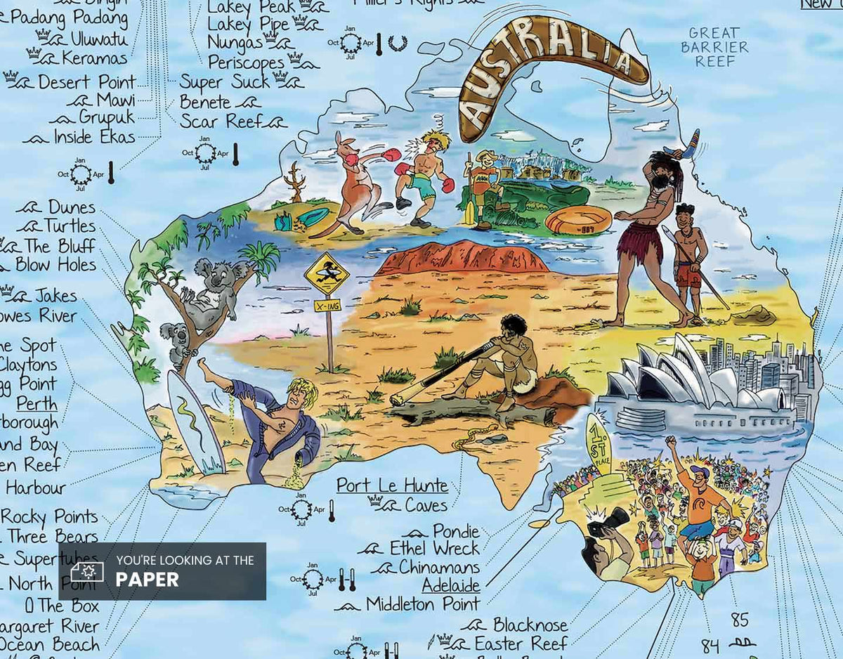 World Surfing Wall Map - Hand Drawn Poster of Surf Sites Around the Wo ...