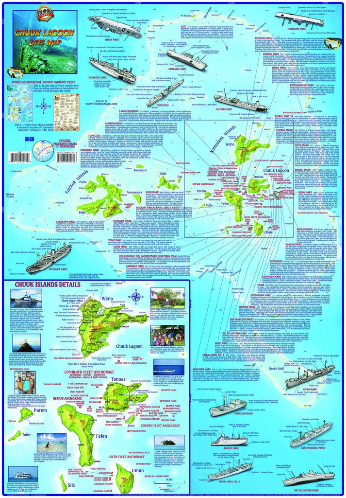 Chuuk (Truk) Lagoon Dive Map & Operation Hailstone Laminated Poster - Frankos Maps