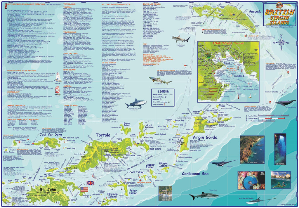 British Virgin Islands BVI Dive & Guide Map Laminated Poster - Frankos Maps