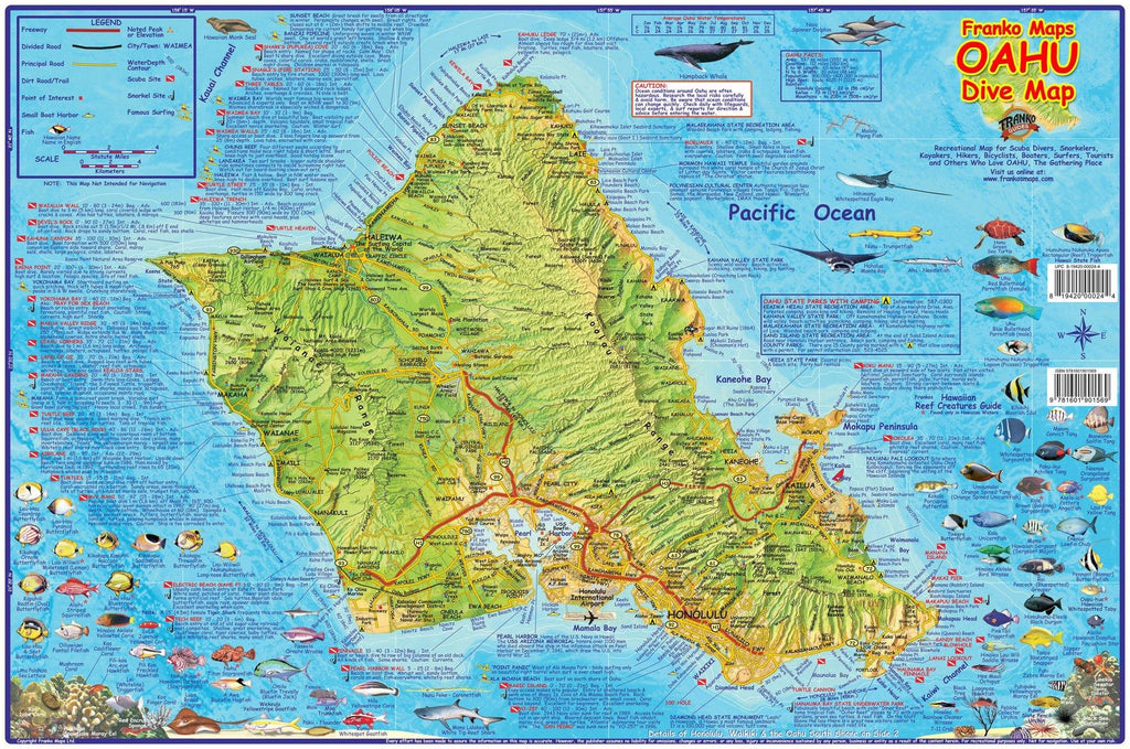 Oahu Dive Map Laminated Poster - Frankos Maps